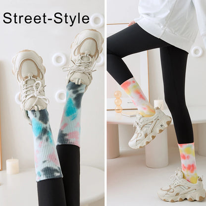 Tie Dye Yoga Socks 3 Pairs Anti Skid Cotton Blend Mid Calf