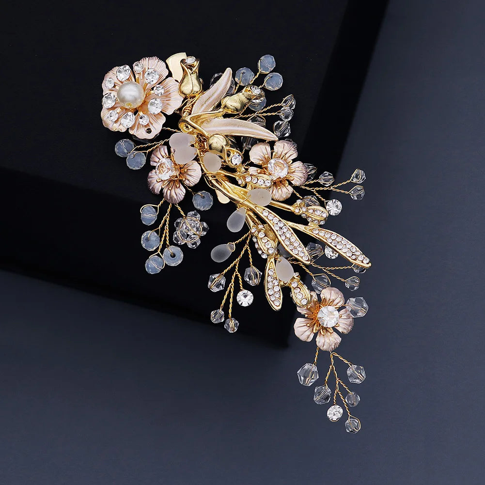 Vintage Golden Floral Hairpin With Frosted Crystal Pearls For Bridal Elegance