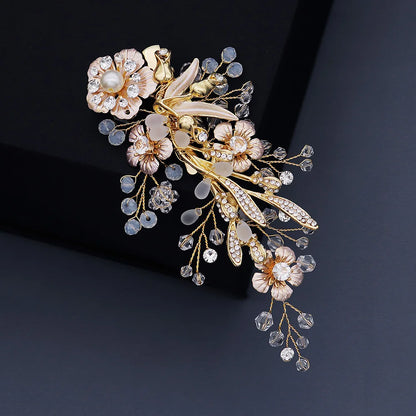 Vintage Golden Floral Hairpin With Frosted Crystal Pearls For Bridal Elegance