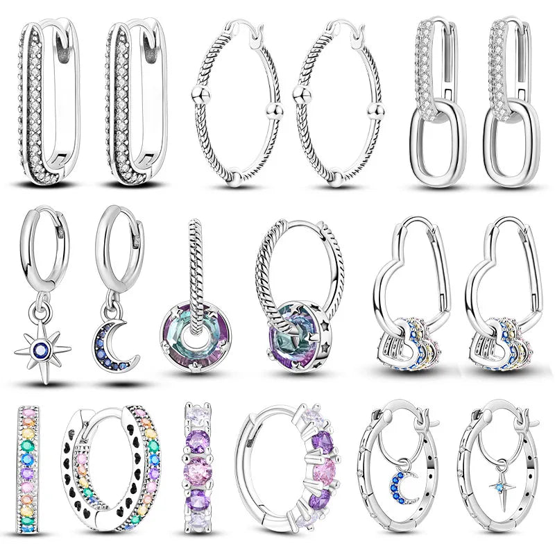 925 Silver Geometric Hoop Earrings for Women with Zircon Moon and Heart Design Fashion Jewelry Gift