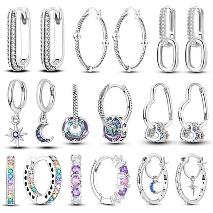 925 Silver Geometric Hoop Earrings for Women with Zircon Moon and Heart Design Fashion Jewelry Gift