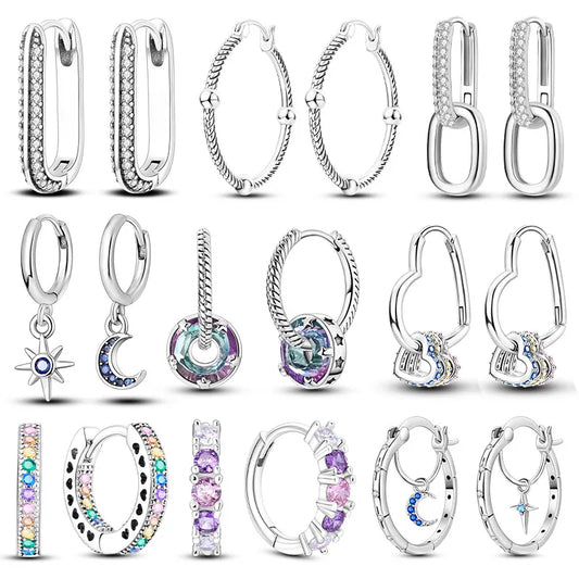 925 Silver Geometric Hoop Earrings for Women with Zircon Moon and Heart Design Fashion Jewelry Gift