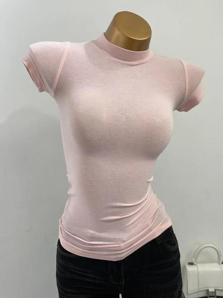Korean Half High Collar Sheer Slim Short Sleeve Tee