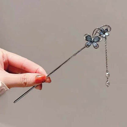 Vintage Chinese Ink Flower Tassel Hairpin With Black Beads Fringe For Women
