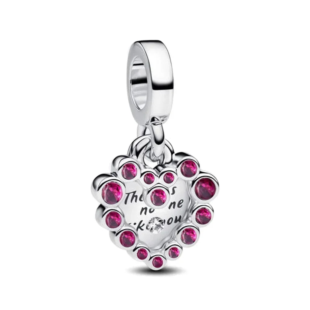 Sterling Silver Pink Blossom Dangle Charm with Butterfly Heart Flower Rose and Bird Bead for DIY Necklace and Bracelet Jewelry