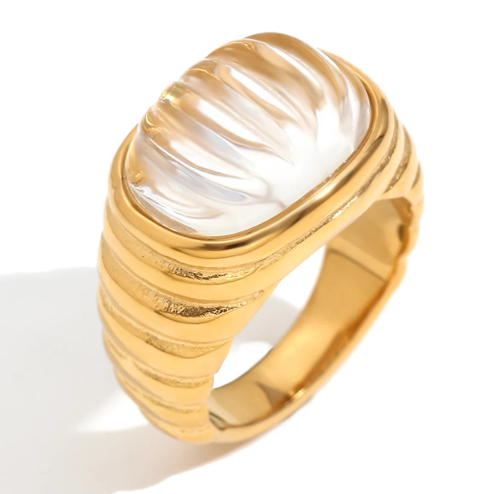 Elegant Square Acrylic Cabochon Ring with Tarnish-Free Stainless Steel and 18K Gold Plating for Fashionable Women