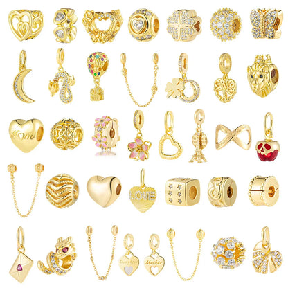 Golden Dragon Double Heart Dangle Charm Bead For 925 Bracelet