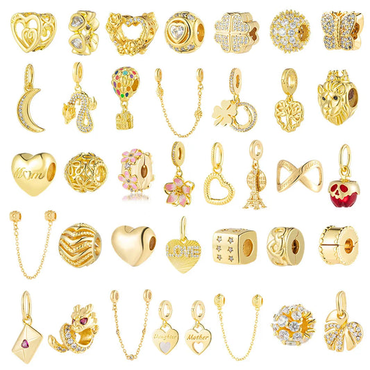 Golden Dragon Double Heart Dangle Charm Bead For 925 Bracelet