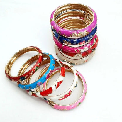 Vintage Chinese Cloisonne Peony Enamel Bangle Set for Women
