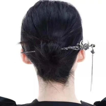 Elegant Black Crystal Moon Tassel Hair Stick For Women Retro Floral Hanfu Hairpin