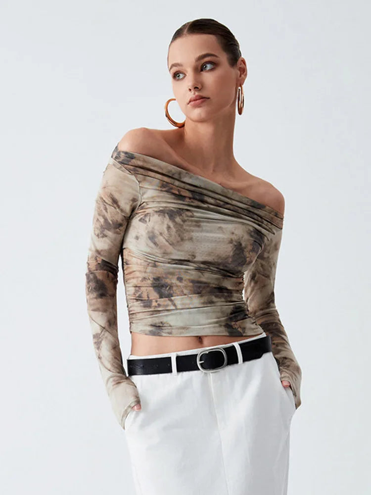 2024 Spring Mesh Backless Slash Collar Long Sleeve Top