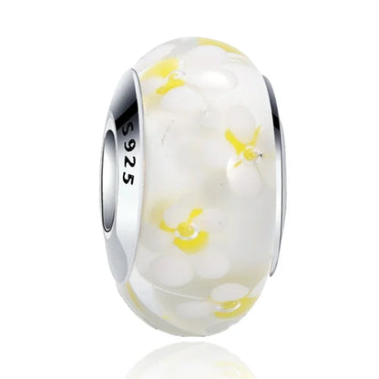 925 Sterling Silver Cosmic Rainbow Murano Glass Beads with Flower and Leaf Charms for DIY Women Jewelry