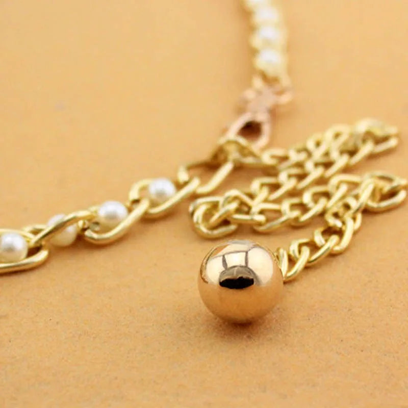 Women Pearl Thin Metal Waist Chain Belt Versatile Fashion