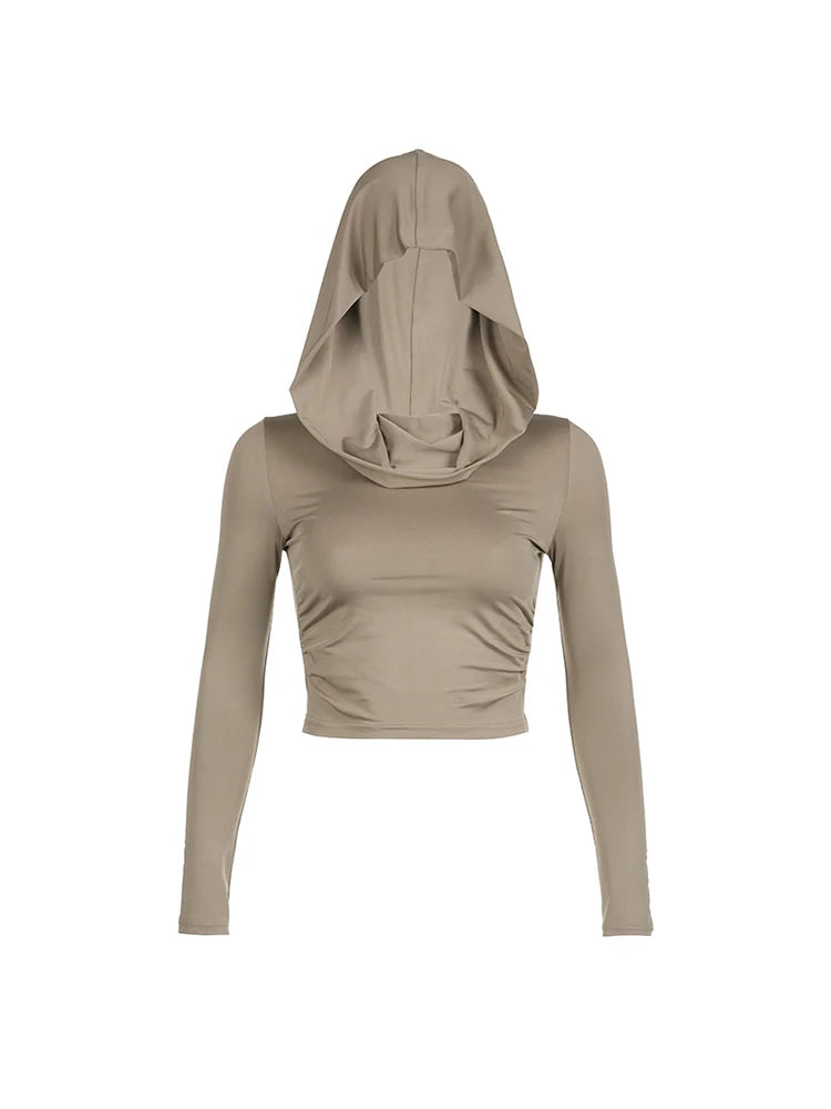 Womens Hooded Crop Top Long Sleeve Solid Cowl Neck Slim Fit