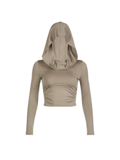 Womens Hooded Crop Top Long Sleeve Solid Cowl Neck Slim Fit