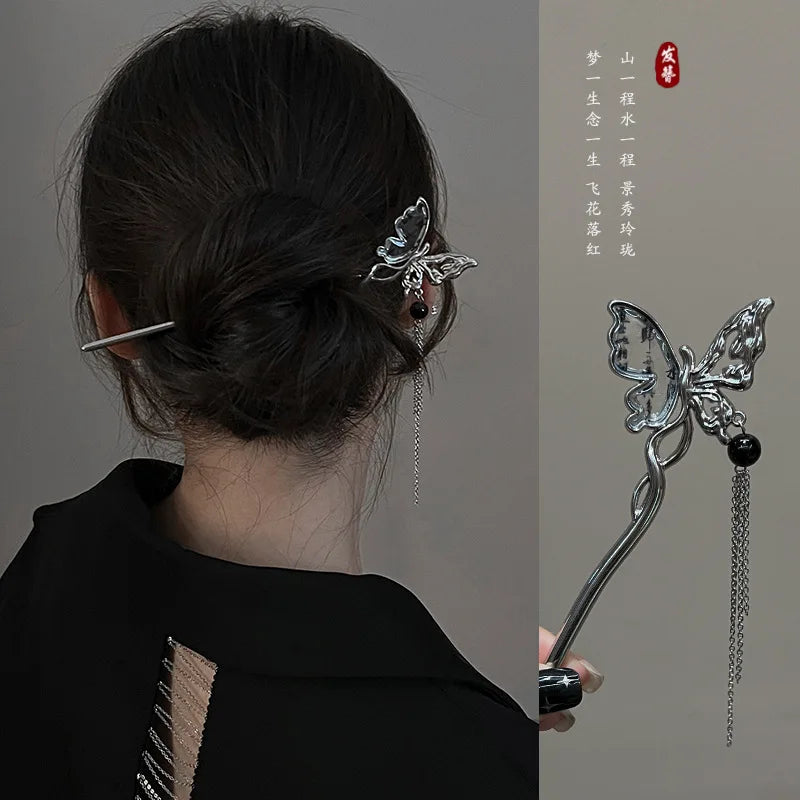 Elegant Ink Flower Tassel Hairpin Forks for Women - Modern Hanfu Hair Jewelry with Black Beads Fringe