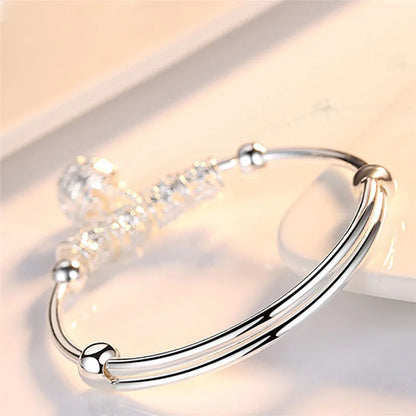 Fine 925 Sterling Silver Hollow Bells Ball Bangles Adjustable Bracelets for Women Stylish Holiday Gifts and Wedding Jewelry