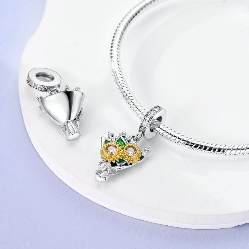 925 Silver Flower Charms Sunflower Tulip Pendants for Bracelet Jewelry Making