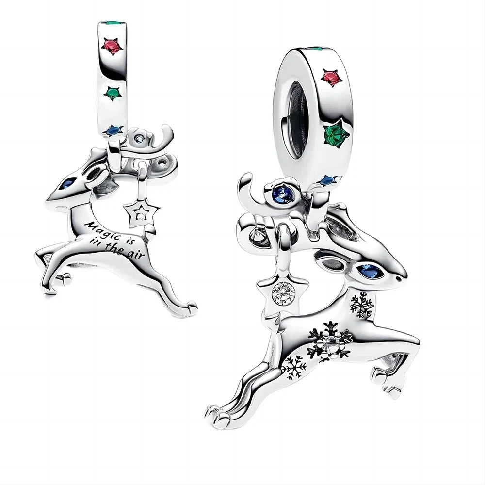 925 Sterling Silver Santa Elk Moon Star Bead Charm Cute