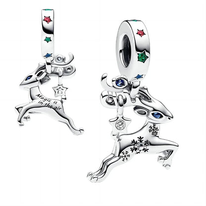 925 Sterling Silver Santa Elk Moon Star Bead Charm Cute