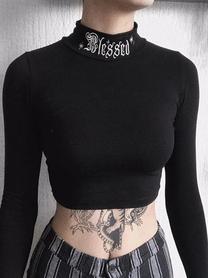 Blessed Gothic Harajuku Embroidered Black Bodycon Crop Top