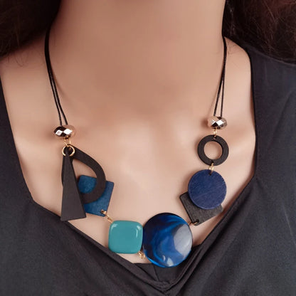 Vintage Wooden Geometric Pendant Necklace for Women Ethnic Handmade Statement Jewelry