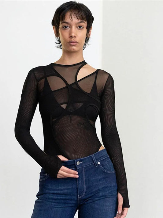 Summer Mesh Hollow Bodysuit Slim Fit Women Clubwear