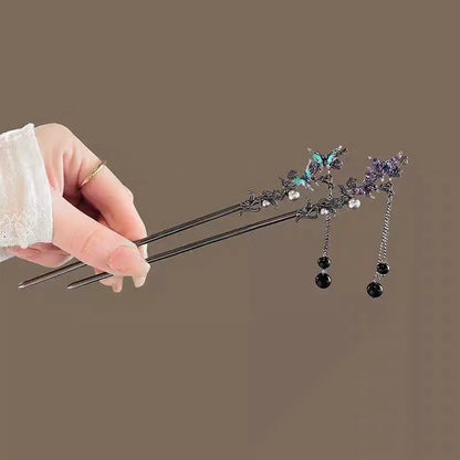 Elegant Double Butterfly Tassel Hairpin with Black Beads Fringe for Women Hanfu Style