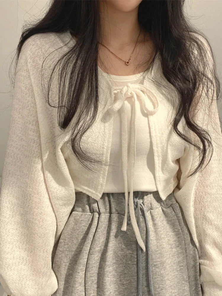 White Knit Cardigan Summer Sunscreen Korean Lantern Sleeve