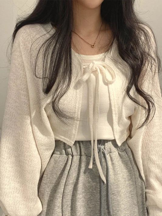 White Knit Cardigan Summer Sunscreen Korean Lantern Sleeve