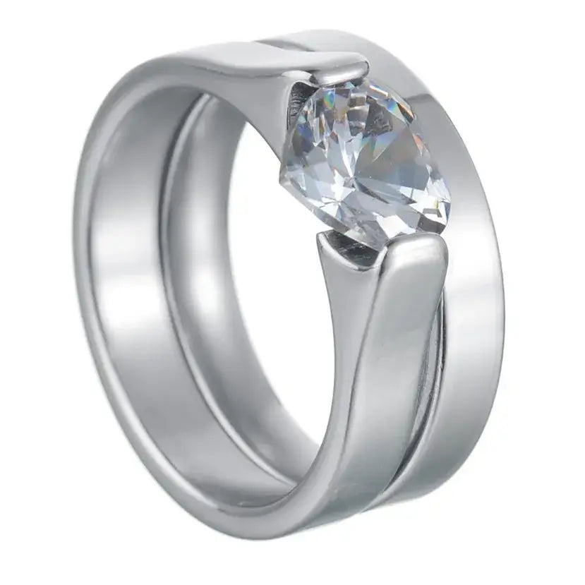 MeMolissa Luxury Clear Stone Crystal Wedding Rings Gold Plated Stainless Steel Jewelry 84R13
