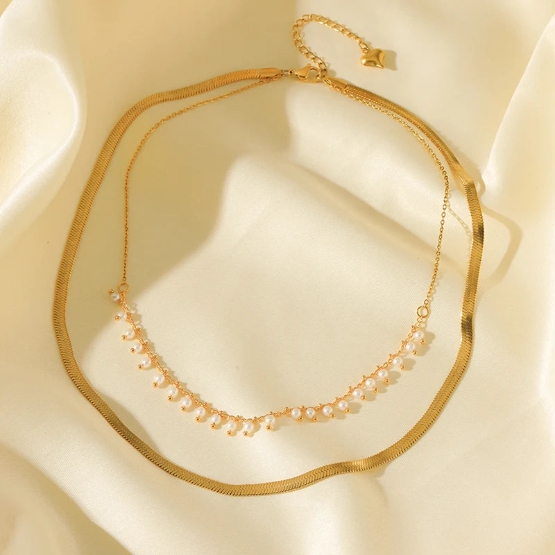 Ganemly Elegant 316L Stainless Steel Double Layer Pearl Necklace for Women 18K Gold Plated Waterproof Fashion Jewelry