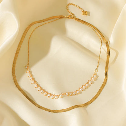 Ganemly Elegant 316L Stainless Steel Double Layer Pearl Necklace for Women 18K Gold Plated Waterproof Fashion Jewelry
