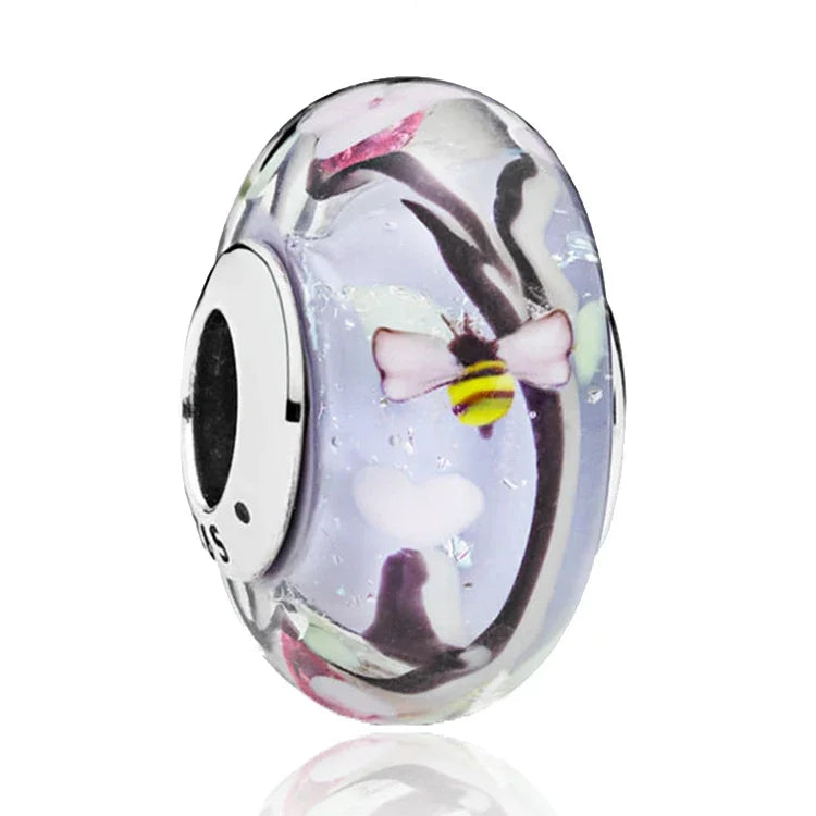 925 Sterling Silver Cosmic Rainbow Murano Glass Beads with Flower and Leaf Charms for DIY Women Jewelry