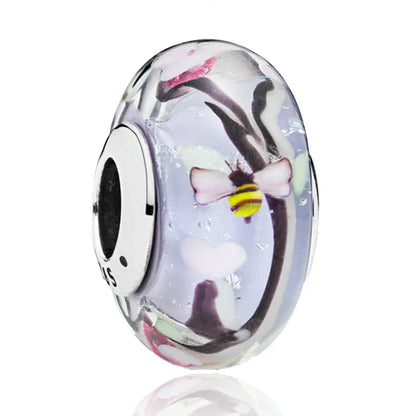 925 Sterling Silver Cosmic Rainbow Murano Glass Beads with Flower and Leaf Charms for DIY Women Jewelry
