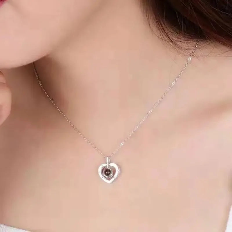 Silver Heart Pendant Necklace with 100 Languages I Love You Engraving for Women Anniversary Gift