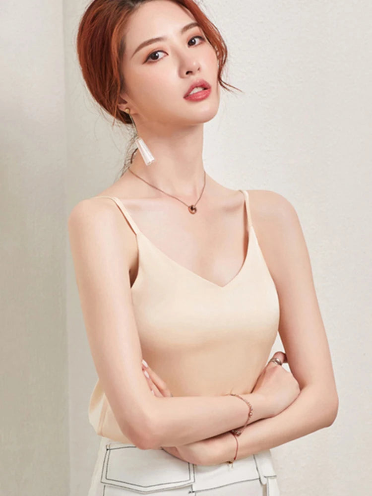 Women Satin V Neck Chiffon Camisole Tank Top Casual
