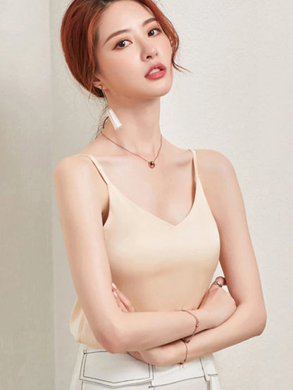 Women Satin V Neck Chiffon Camisole Tank Top Casual