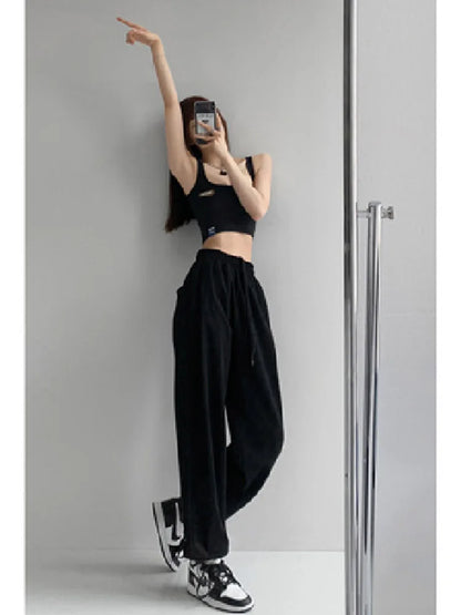 Korean White Blue High Waist Loose Drawstring Harem Pants