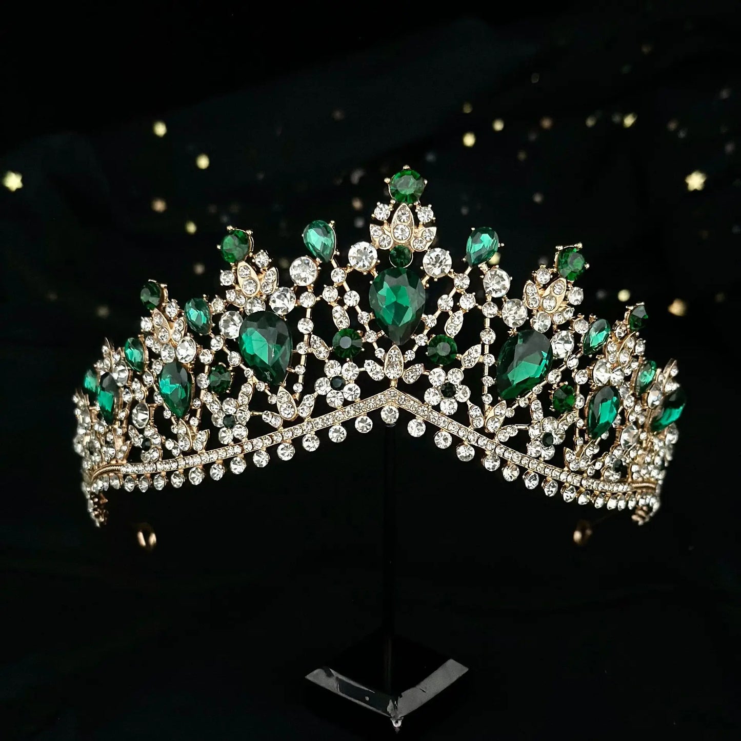 Baroque Luxe Green Crystal Bridal Tiara - Top-Rated Flower Headpiece for Weddings Style V Gold Green