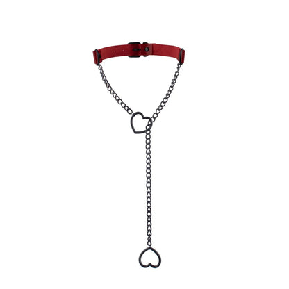 Heart Slip Chain Y Necklace Black Leather Choker for Women red color