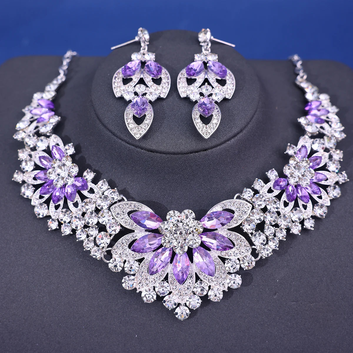 Fashionista Crystal Rhinestone Bridal Jewelry Set - Top-Rated Wedding Accessories for Women silver purple