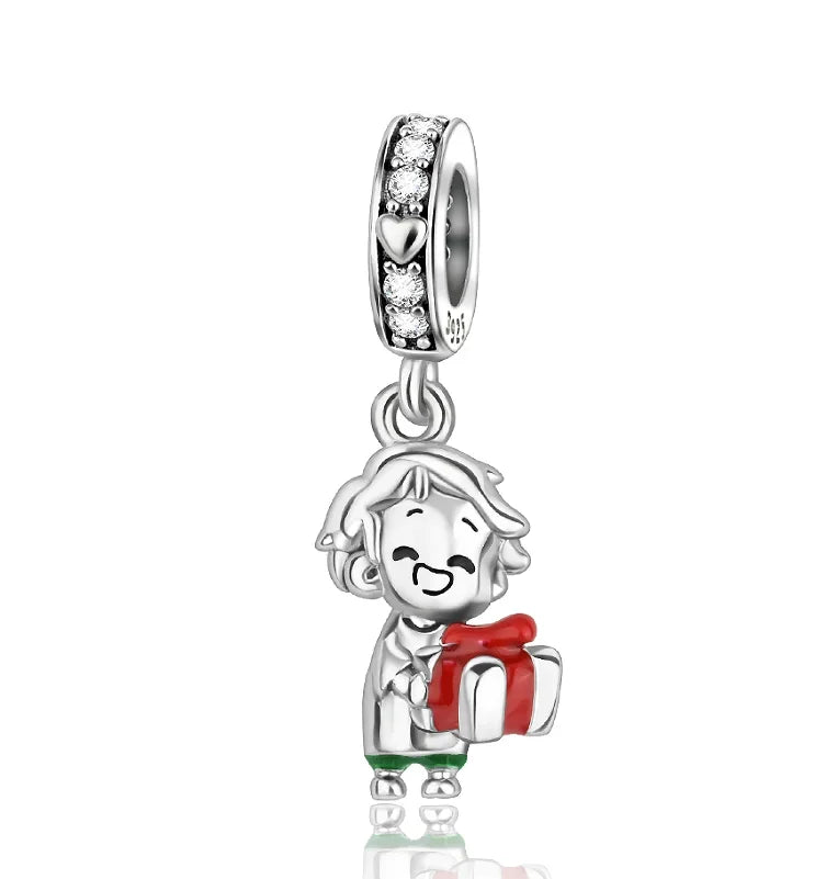 925 Sterling Silver Christmas Charms Set Santa Claus Reindeer Snowflake Beads for DIY Jewelry Gifts