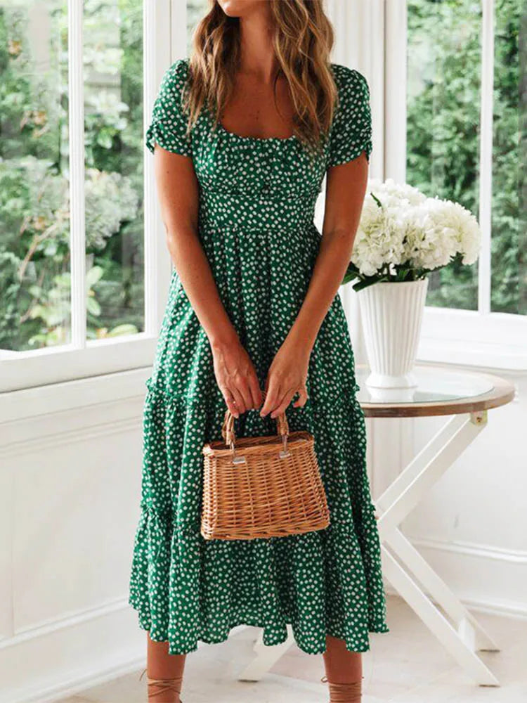 Vintage Floral Maxi Dress Square Collar Puff Sleeve Women