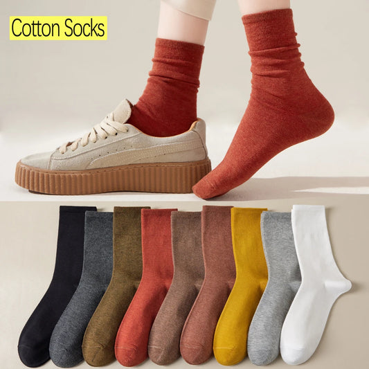 Seamless Cotton Mid Crew Socks Women Breathable Retro