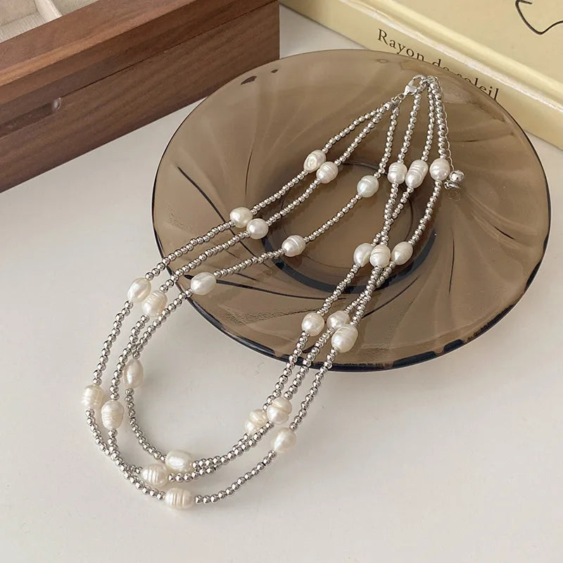 100 Percent Natural Baroque Freshwater Pearl Trendy Stainless Steel Three Layer Chains Necklace for Women Gifts