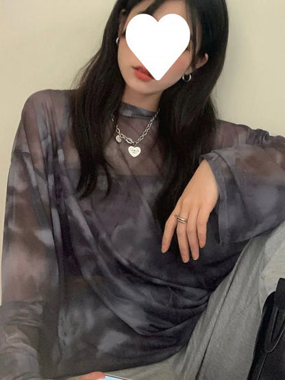Women Tie Dye T Shirt Long Sleeve Loose Fit Chic DozwCN