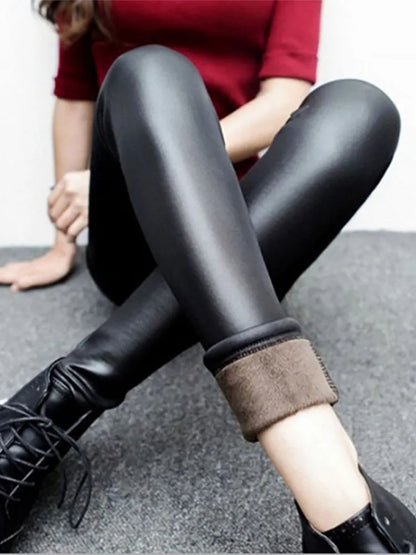 Winter Velvet Faux Leather Leggings Women Gothic Punk Style