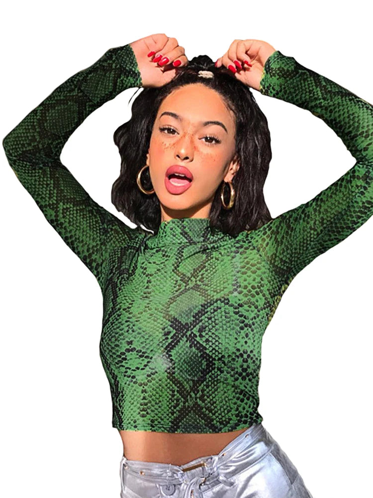 Dozw Women Snake Print Mesh Crop Top High Neck Long Sleeve