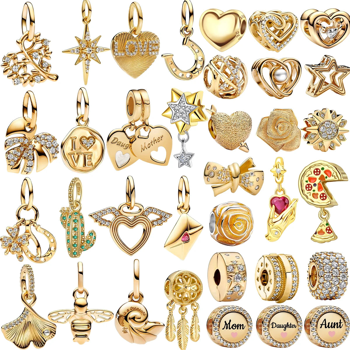 925 Sterling Silver Gold Heart and Maple Leaf Charms Sparkling Zircon Pendant for Women DIY Bracelet Fine Jewelry Gift